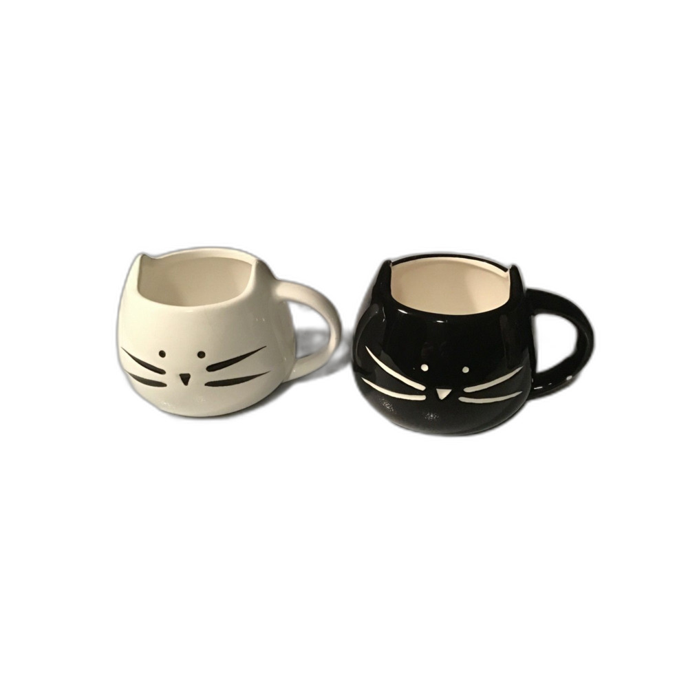 Set of 2 Adorable Black & White Ceramic Cat Face Mugs - 12oz Kitty Coffee Cups